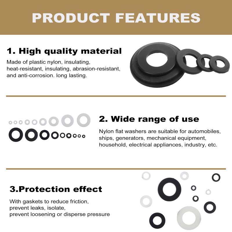 QTEATAK 420 Pcs Black/White Nylon Flat Washers Assortment Kit for M2 M2.5 M3 M4 M5 M6 M8 M10 M12 Screws & Bolt - Image 5